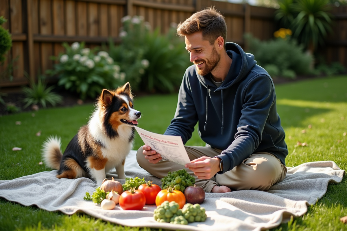 Jeune homme et chien dans le jardin avec légumes et pamphlet