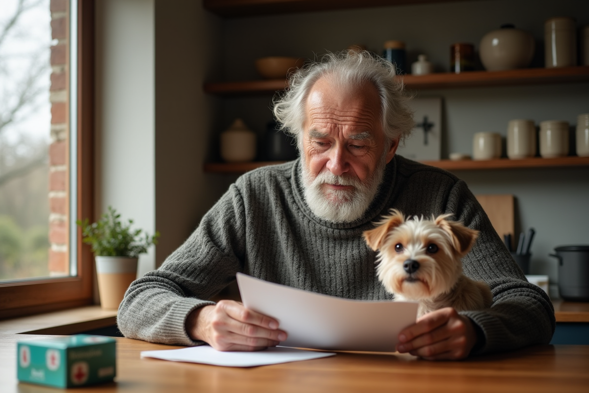 Homme âgé lisant un guide de médication avec son chien