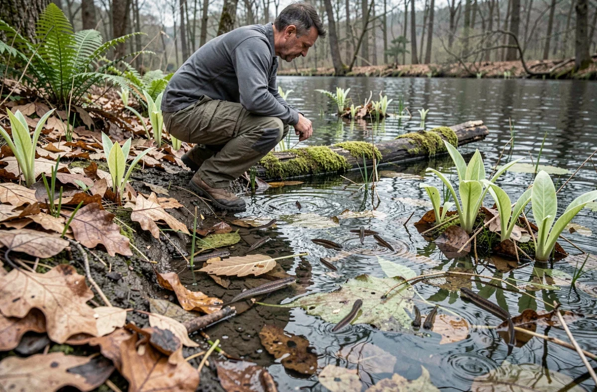 Homme accroupi au bord d'un étang forestier observant des têtards dans l'eau peu profonde au printemps