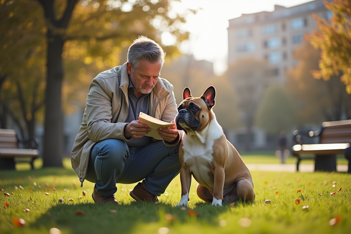 Homme en ville avec bulldog francais dans un parc ensoleille