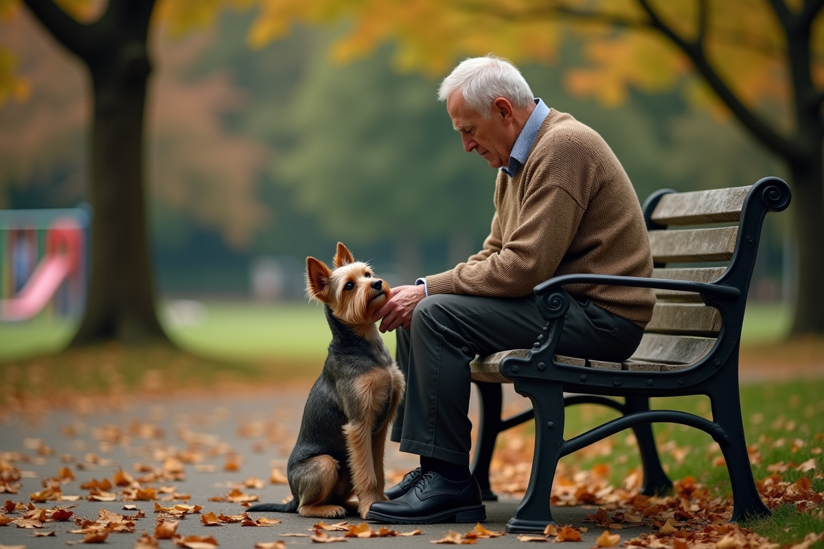 Homme âgé caressant un petit terrier dans un parc en automne