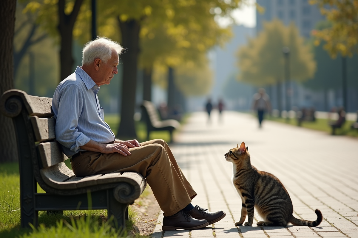 Homme âgé avec chat dans un parc urbain ensoleille