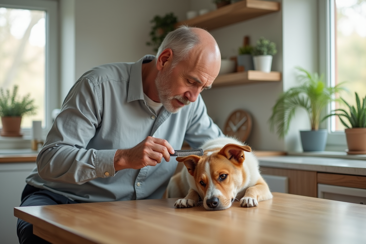 Homme inspectant le pelage de son chien avec un peigne