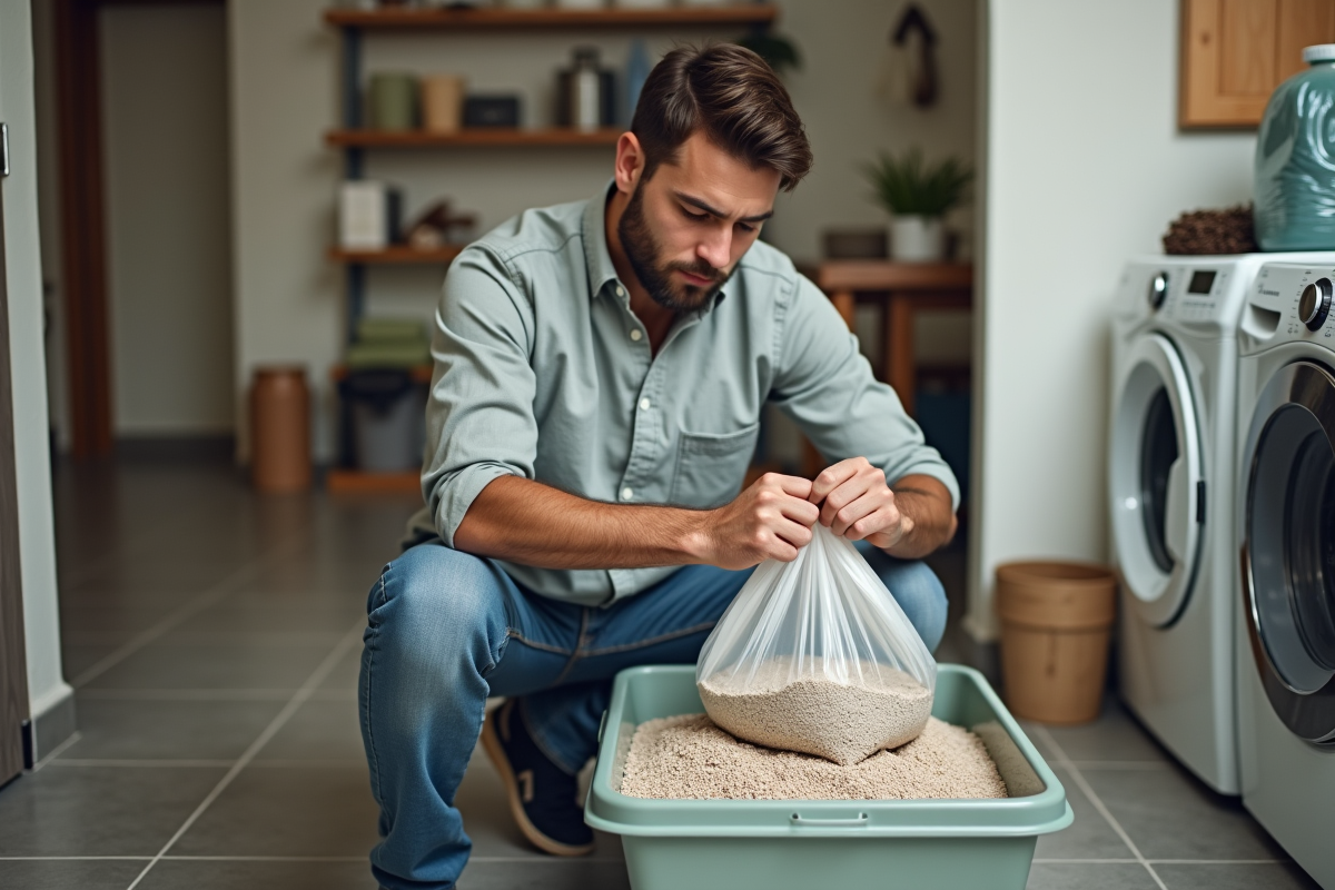 Homme versant de la litière pour chat dans un sac