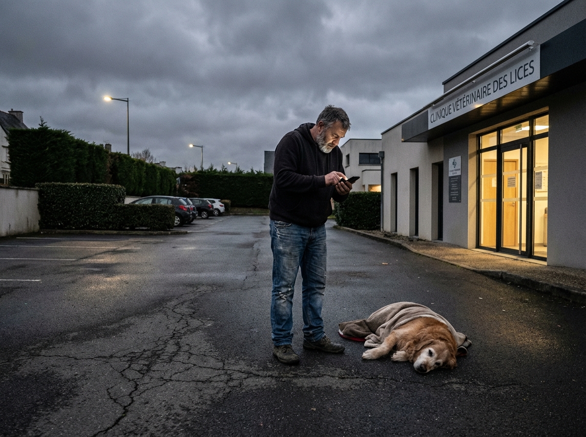 Homme anxieux au téléphone avec son chien malade dehors