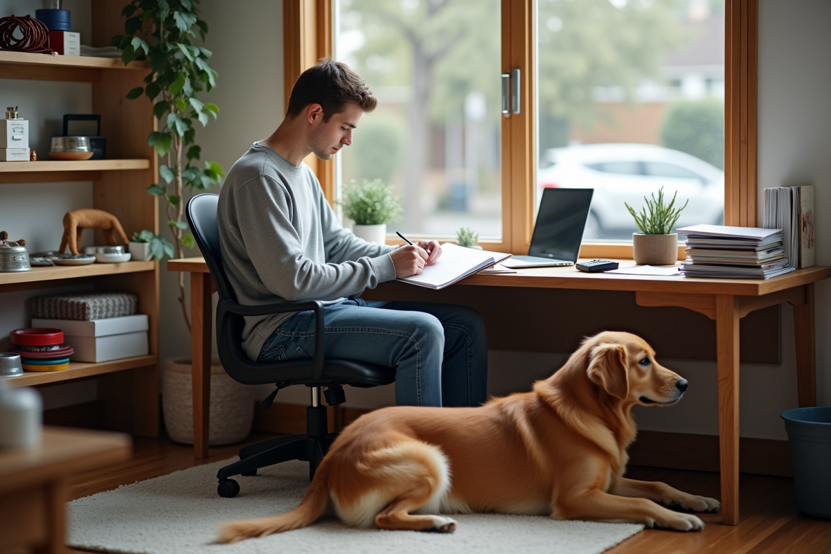 Jeune homme travaillant avec un chien dans un bureau