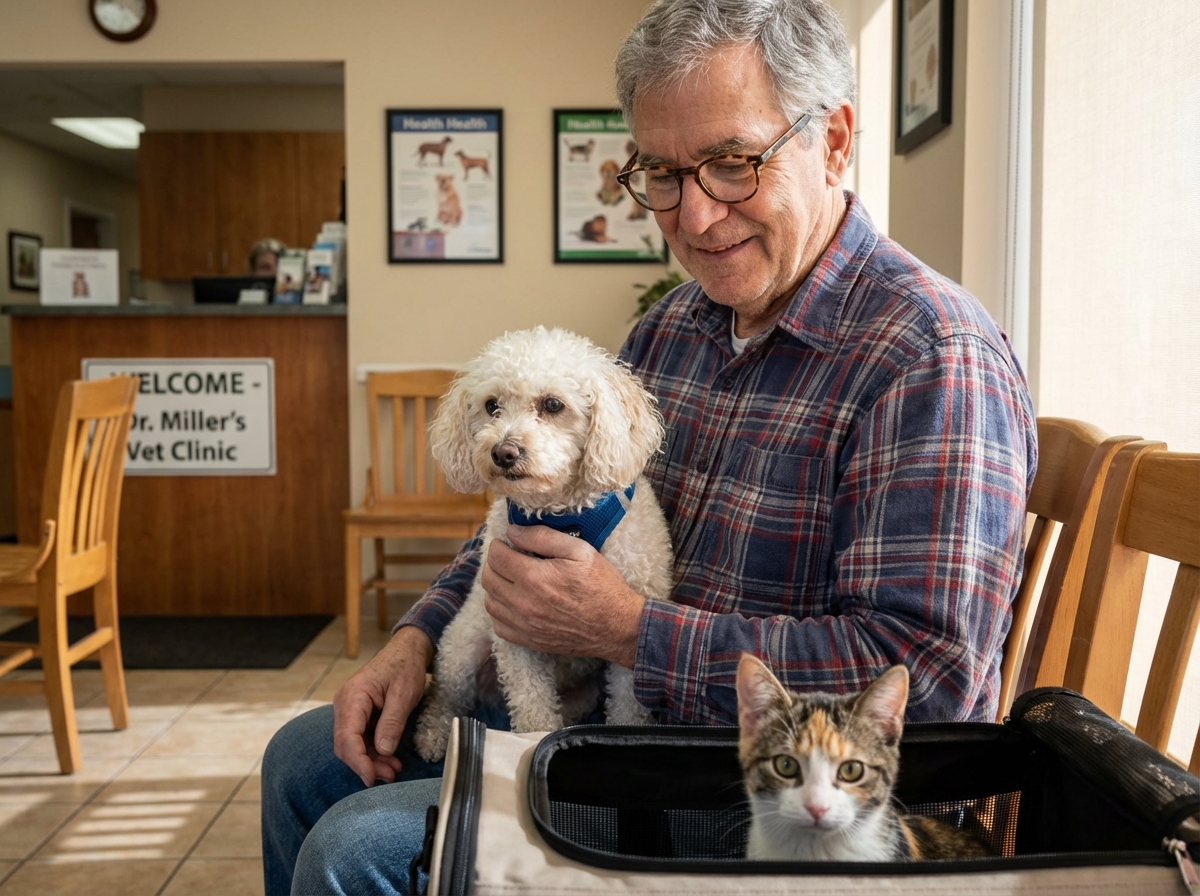 Homme âgé avec chien et chat dans une clinique vétérinaire