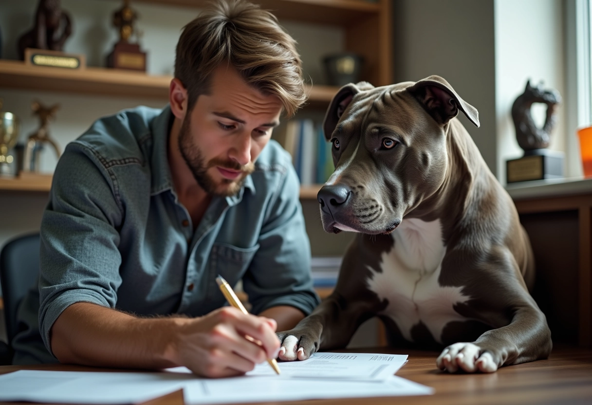 Homme examinant un papier avec un pitbull en intérieur