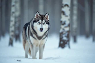 Husky sibérien au pelage gris et blanc dans une forêt enneigée, regardant au loin avec des yeux bleus perçants