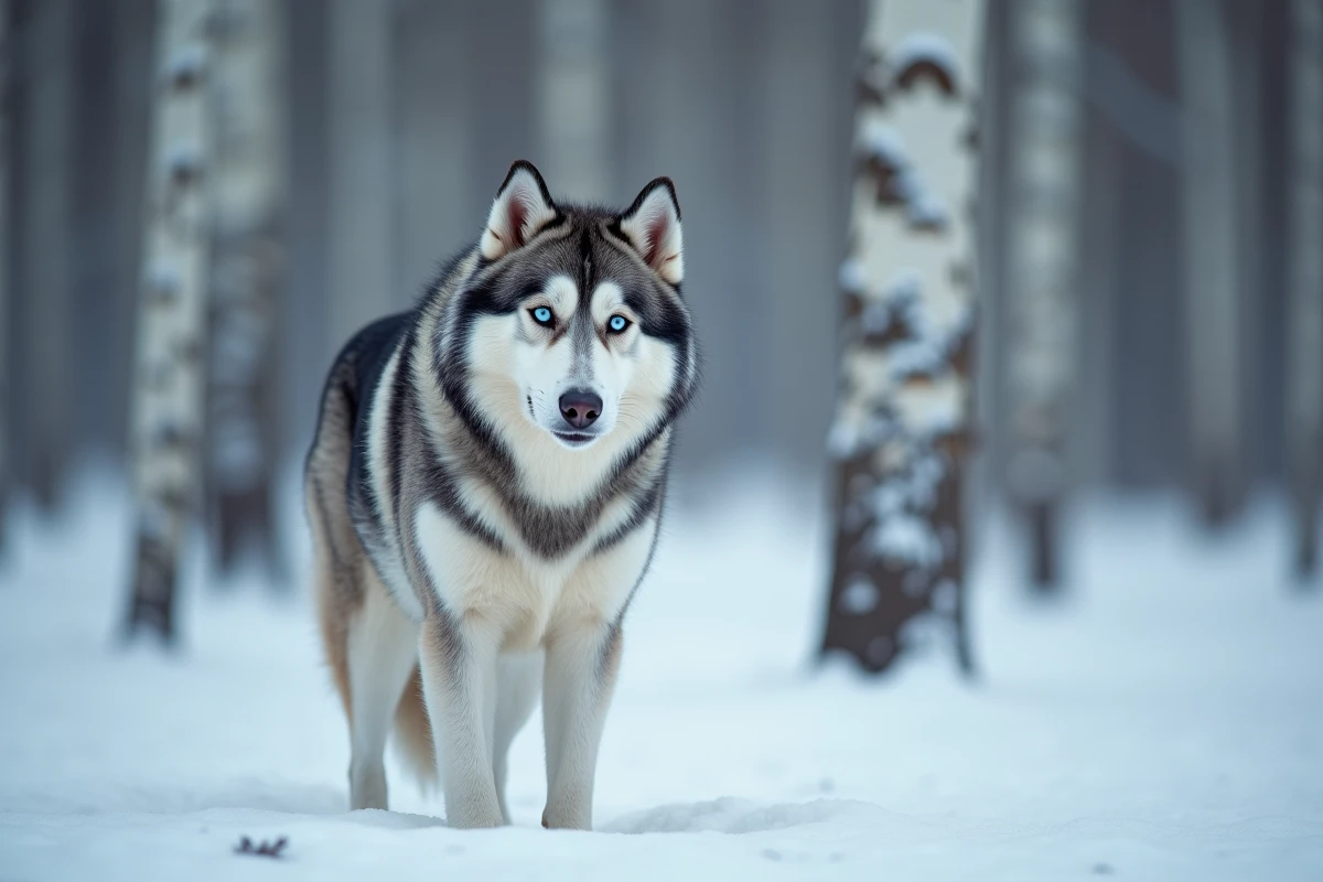 Husky sibérien au pelage gris et blanc dans une forêt enneigée, regardant au loin avec des yeux bleus perçants