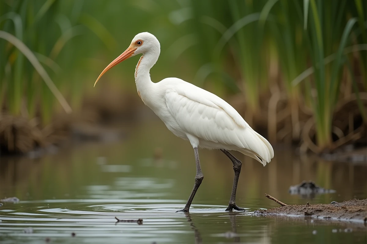 Ibis blanc debout au bord d'un marais, plumage détaillé et reflets dans l'eau, animal commun au petit Bac lettre I
