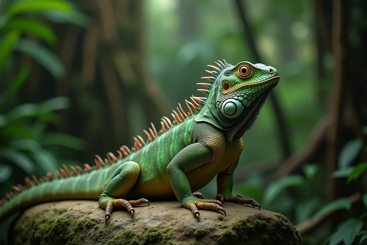Iguane vert posé sur un rocher moussu en forêt tropicale, écailles détaillées, reptile populaire au jeu du petit Bac