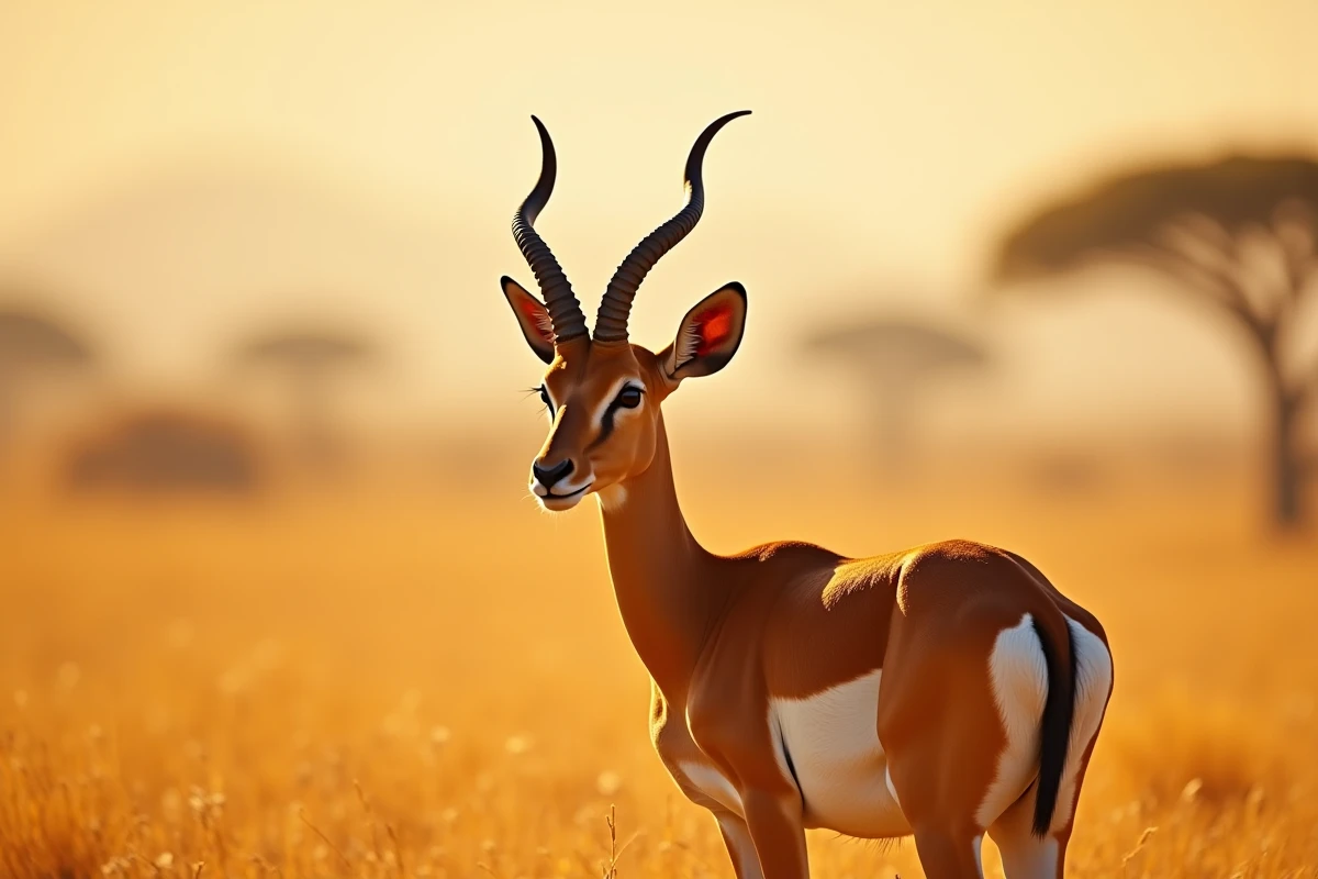Impala mâle debout dans la savane africaine dorée, cornes recourbées et pelage roux, animal emblématique pour le petit Bac lettre I