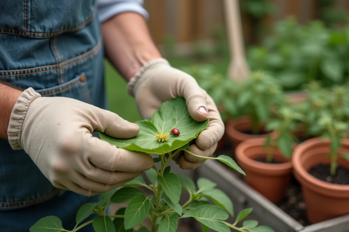 Jardinière inspectant une feuille de tomate infestée de pucerons avec une coccinelle prédatrice dans un potager