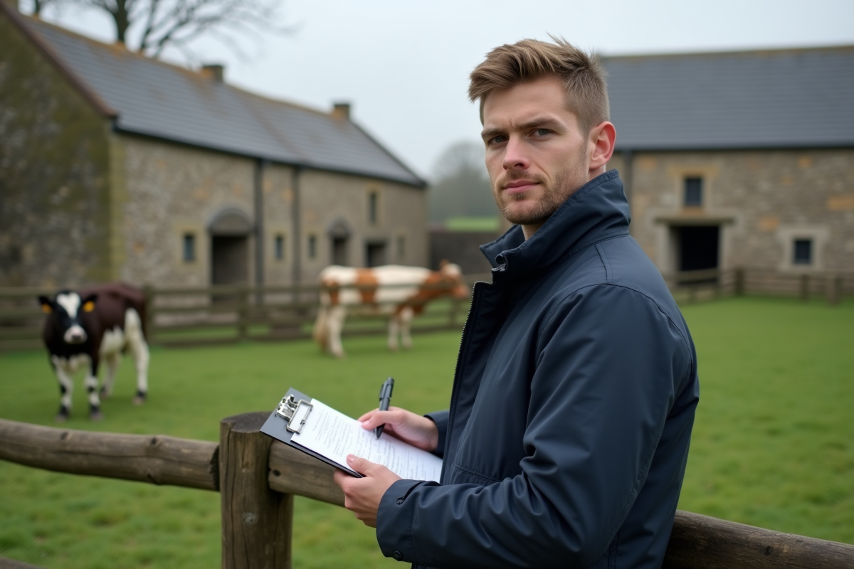 Inspecteur animalier observant une ferme avec vaches