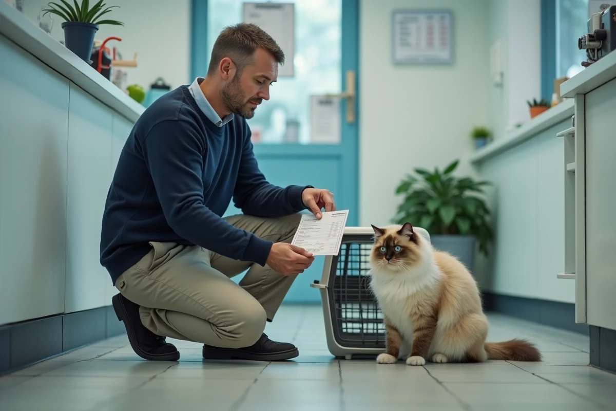 Homme vérifiant facture de chat birman en clinique vétérinaire