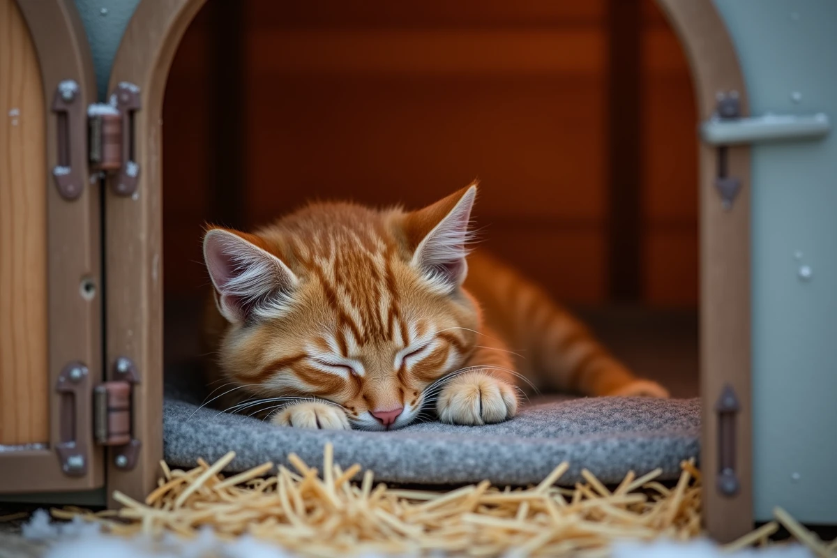 Intérieur isolé d'un abri chat extérieur avec un chat roux endormi sur un tapis thermique entouré de paille