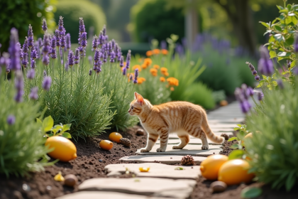 Jardin avec herbes aromatiques et chat curieux