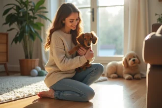Jeune femme avec un chiot dachshund dans un salon lumineux