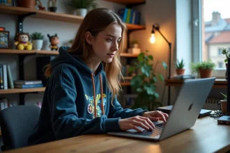 Jeune femme concentrée sur son ordinateur dans un bureau cosy