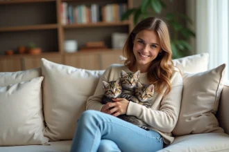 Jeune femme avec chatons tabby dans un salon moderne à Toulon