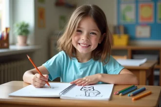 Jeune fille de 10 ans dessinant un loup dans son cahier