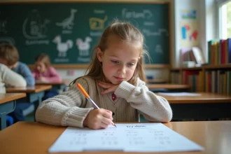 Jeune fille d ecole concentrée sur un jeu de mots
