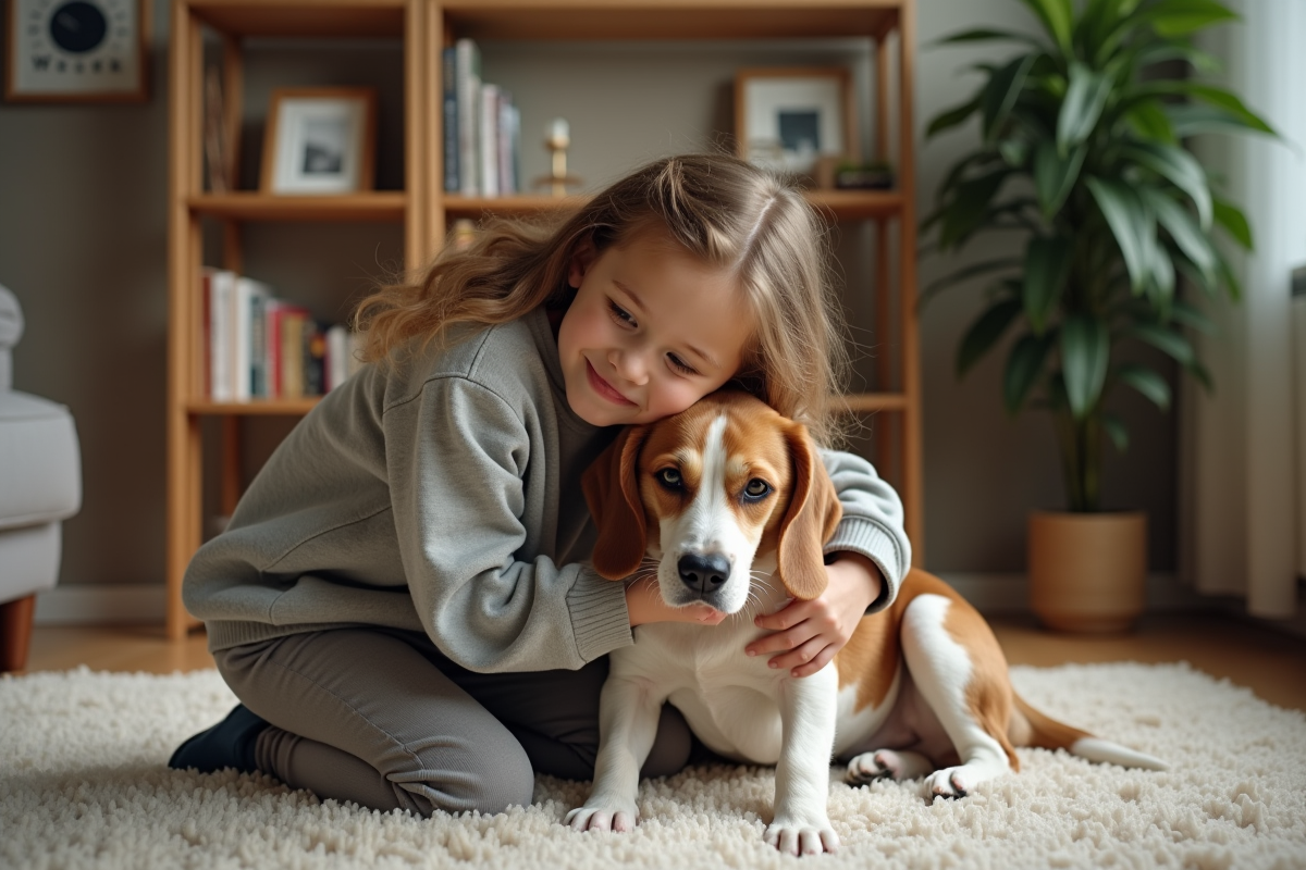 Jeune fille embrassant un vieux beagle dans le salon