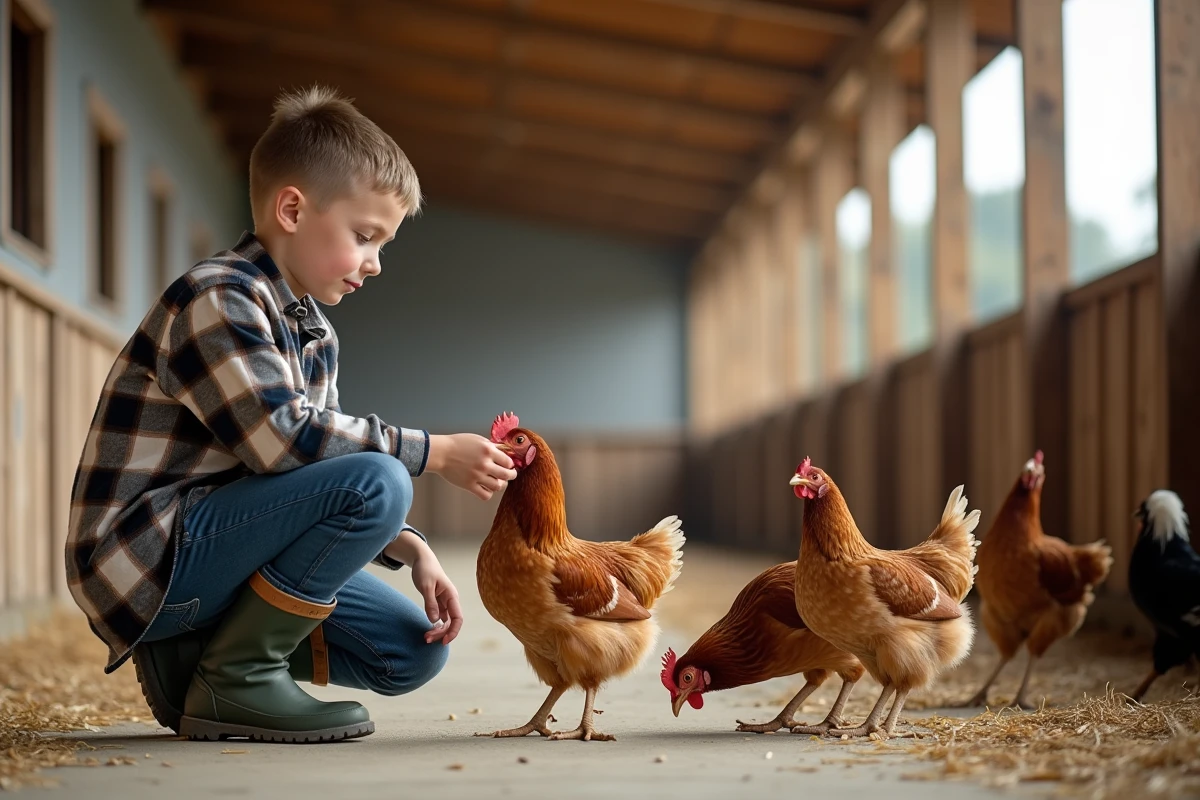Adolescent avec un poulet dans un poulailler spacieux