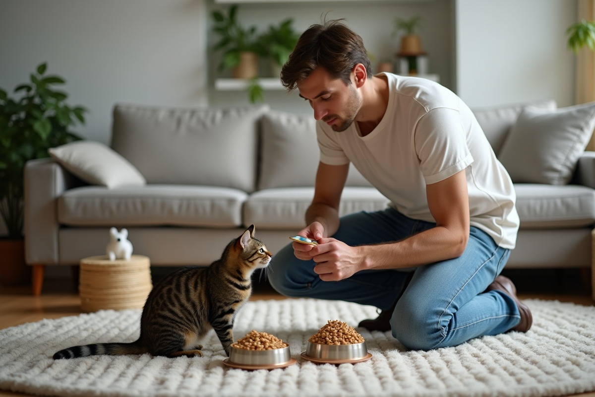 Jeune homme avec chat dans un salon cosy et coloré