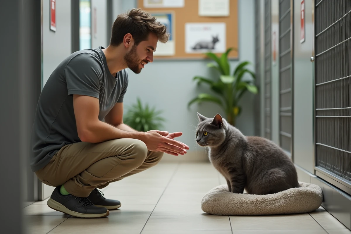 Jeune homme caressant un chat angora dans un refuge