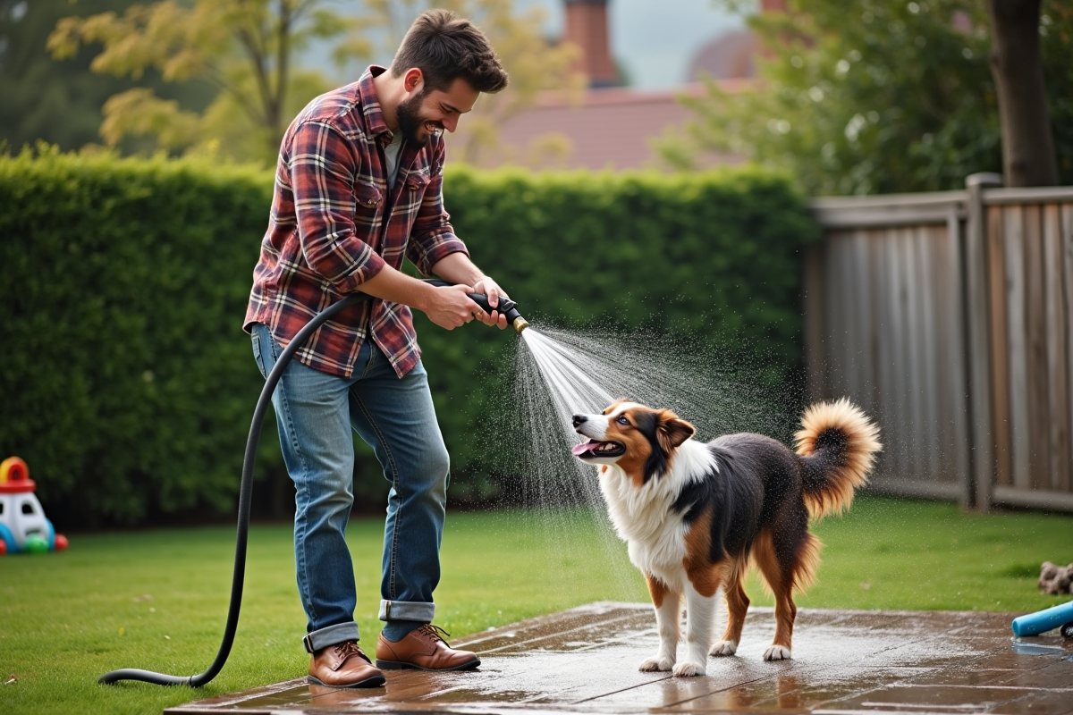 Jeune homme rinçant son chien dans le jardin en plein air