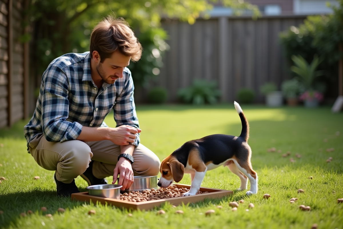 Jeune homme avec un chiot dans le jardin vert