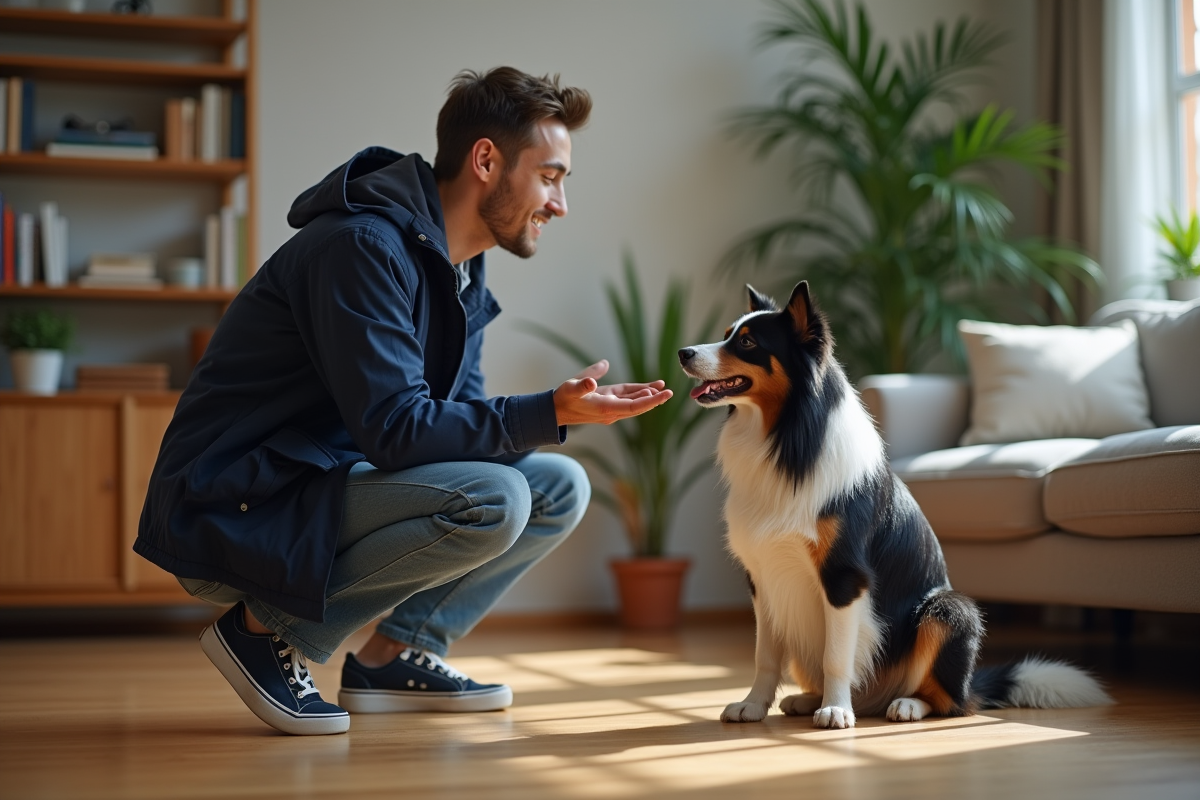 Jeune homme encourageant son chien dans le salon