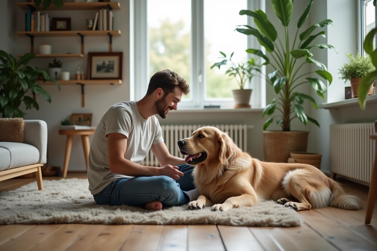 Jeune homme jouant avec chien dans un salon moderne