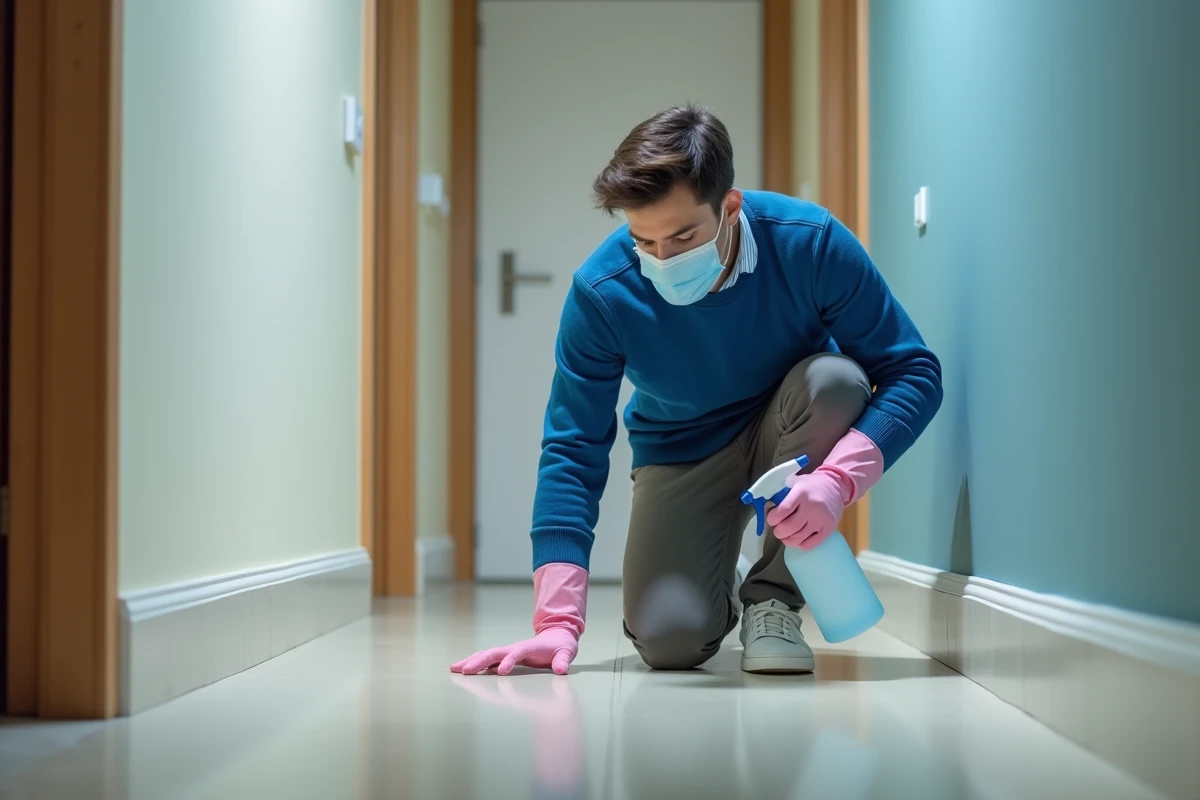 Jeune homme désinfectant le sol dans un couloir moderne