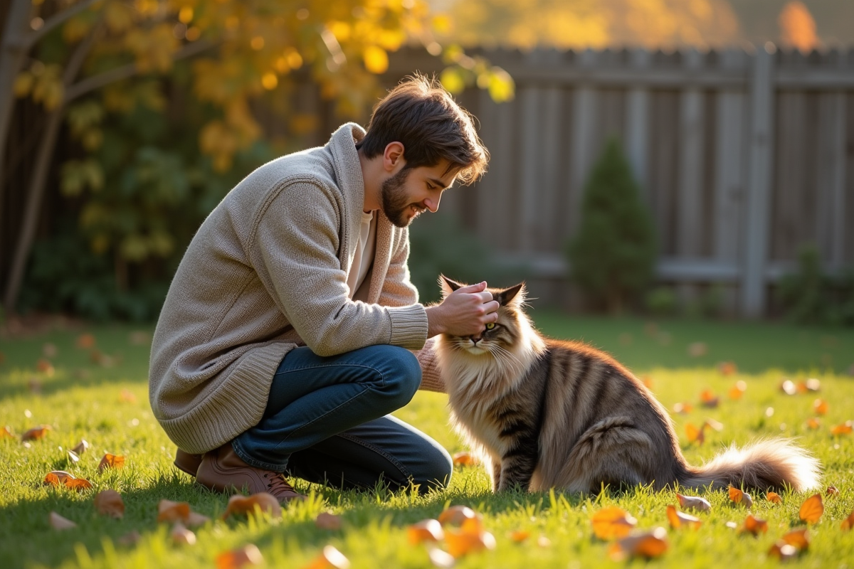 Jeune homme dans le jardin avec un chat et feuilles d