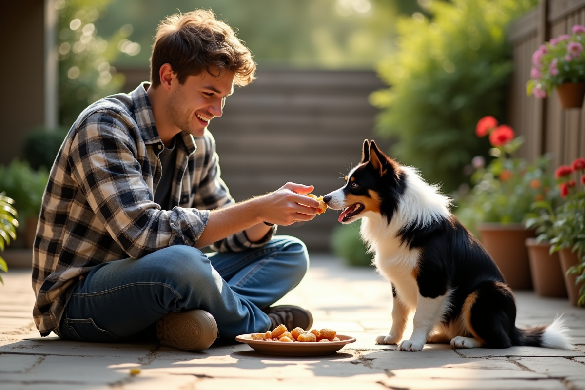 Jeune homme donne croquettes à son chien en extérieur