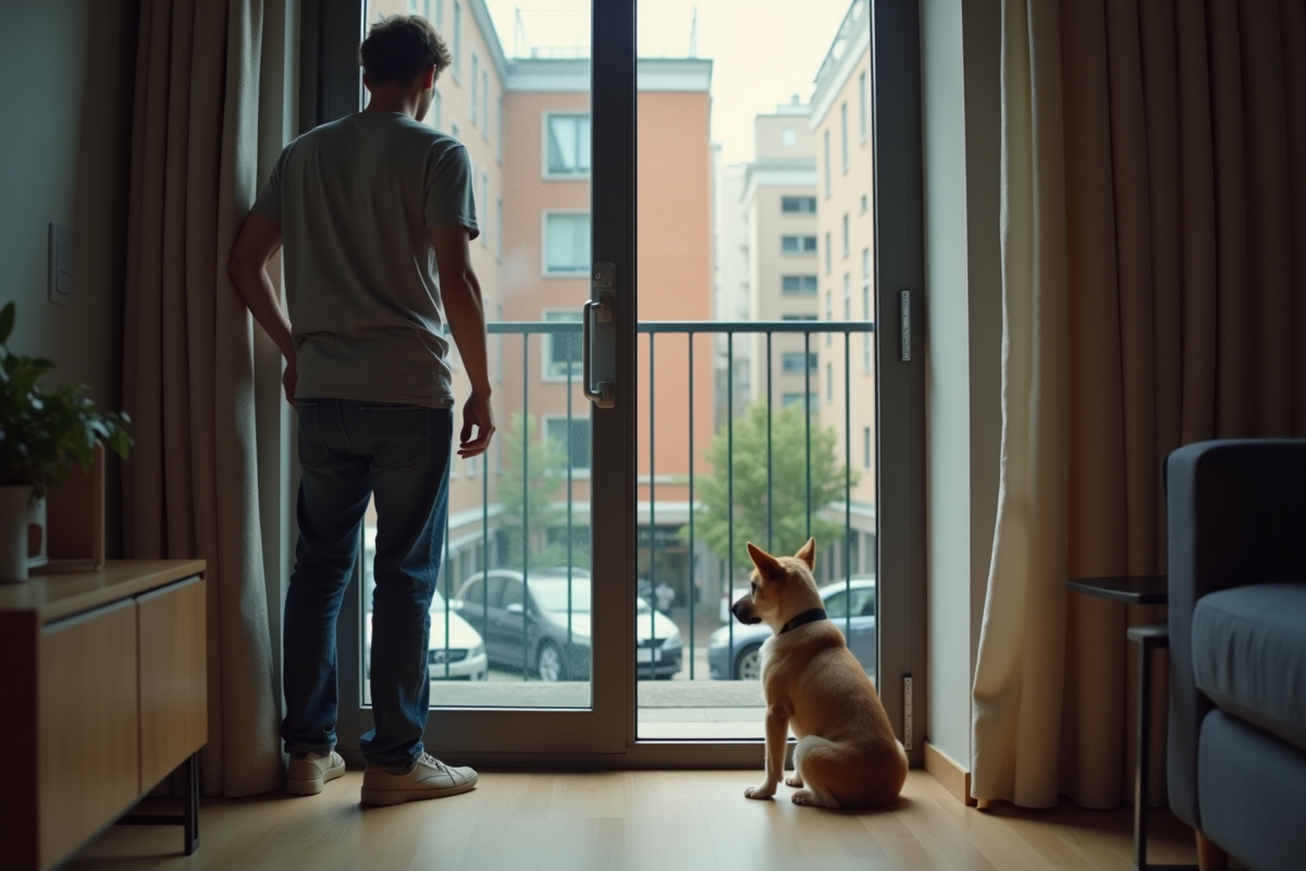 Jeune homme ferme la porte de son appartement avec son chien regardant dehors