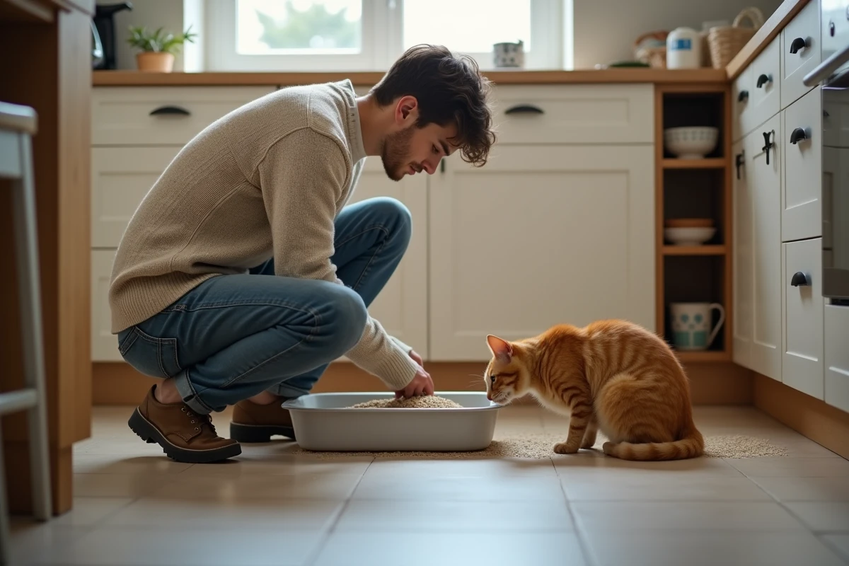 Jeune homme versant de la litière pour chat dans une cuisine