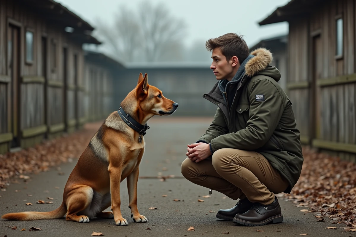 Jeune homme avec chien rescue dans la cour extérieure