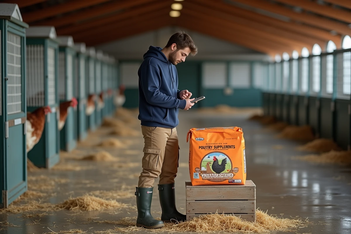 Jeune homme lisant instructions pour compléments poules