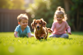 Chiot kaninchen dachshund jouant avec deux enfants dans le jardin