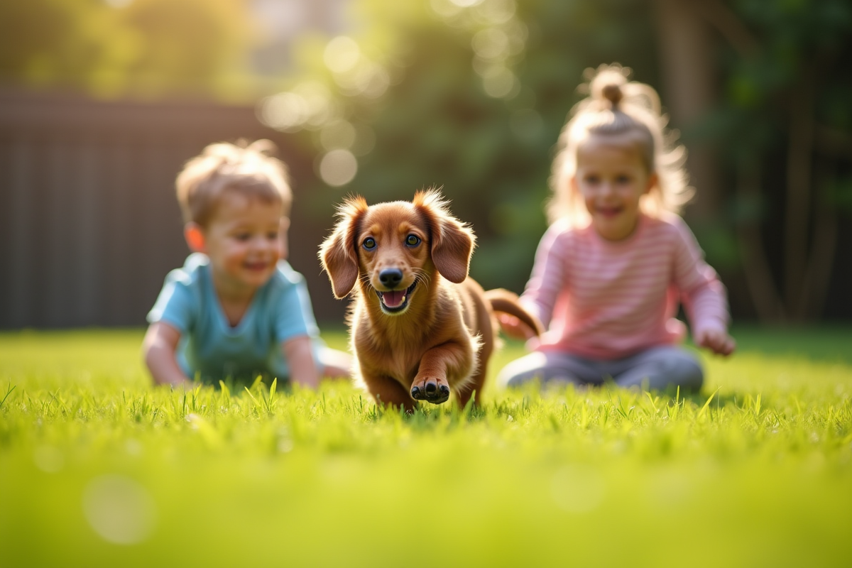 Chiot kaninchen dachshund jouant avec deux enfants dans le jardin