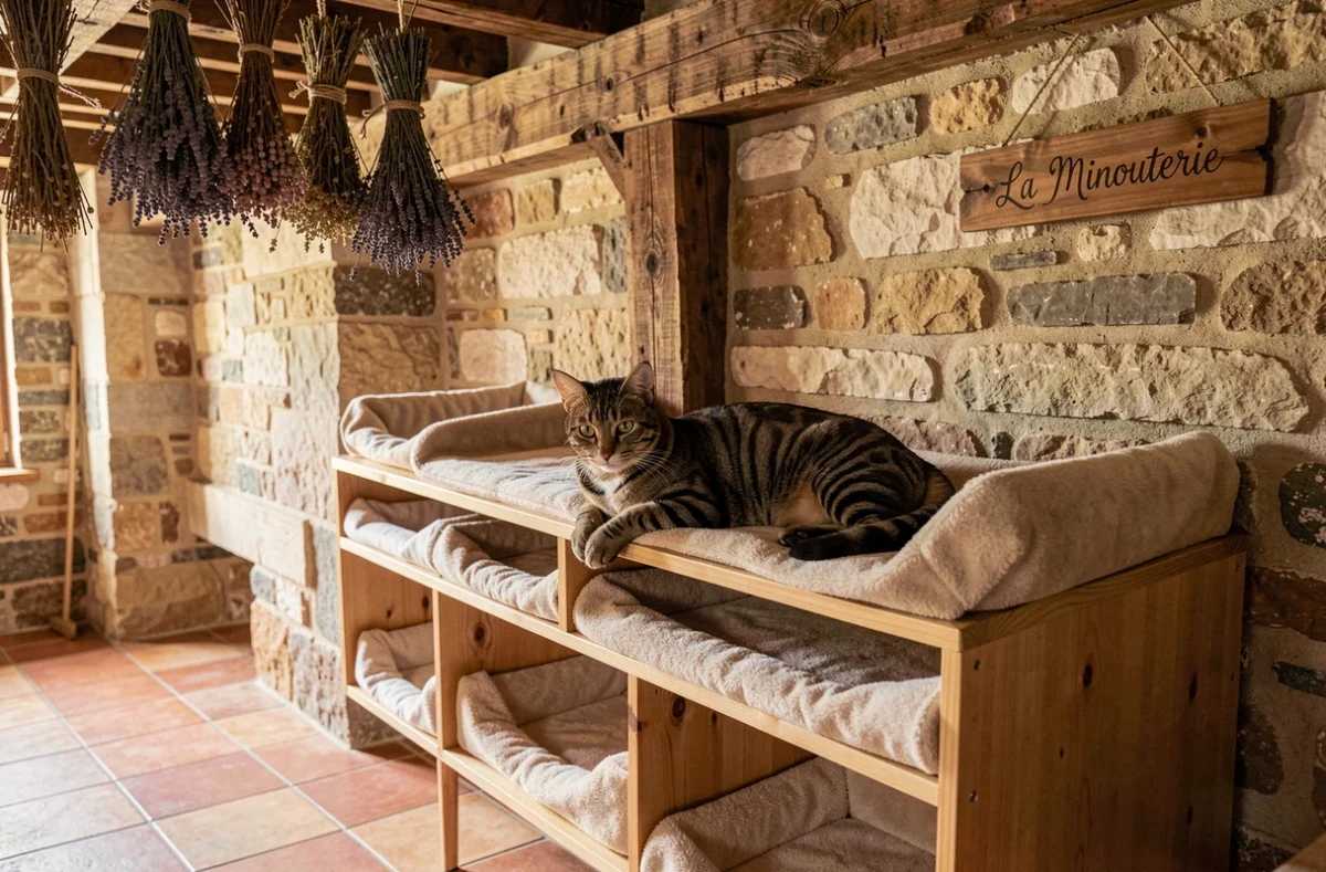 Un chat tabby confortablement installé sur une étagère en bois dans la pension féline exclusive La Minouterie en Essonne, avec des murs en pierre et des poutres apparentes