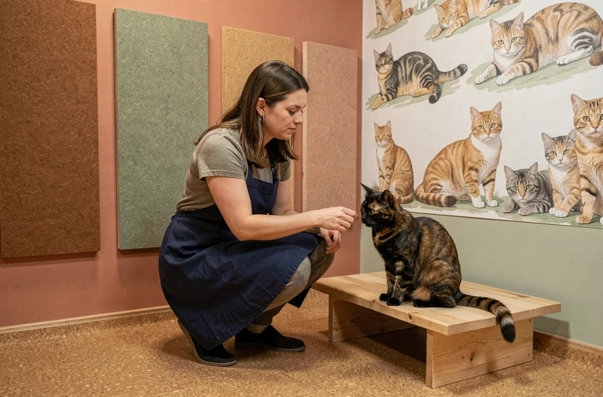 Une comportementaliste féline en tablier bleu marine accroupie auprès d'un chat écaille-de-tortue dans l'espace apaisant de la pension La Moustache, avec des panneaux de griffage en feutre et une murale de chats