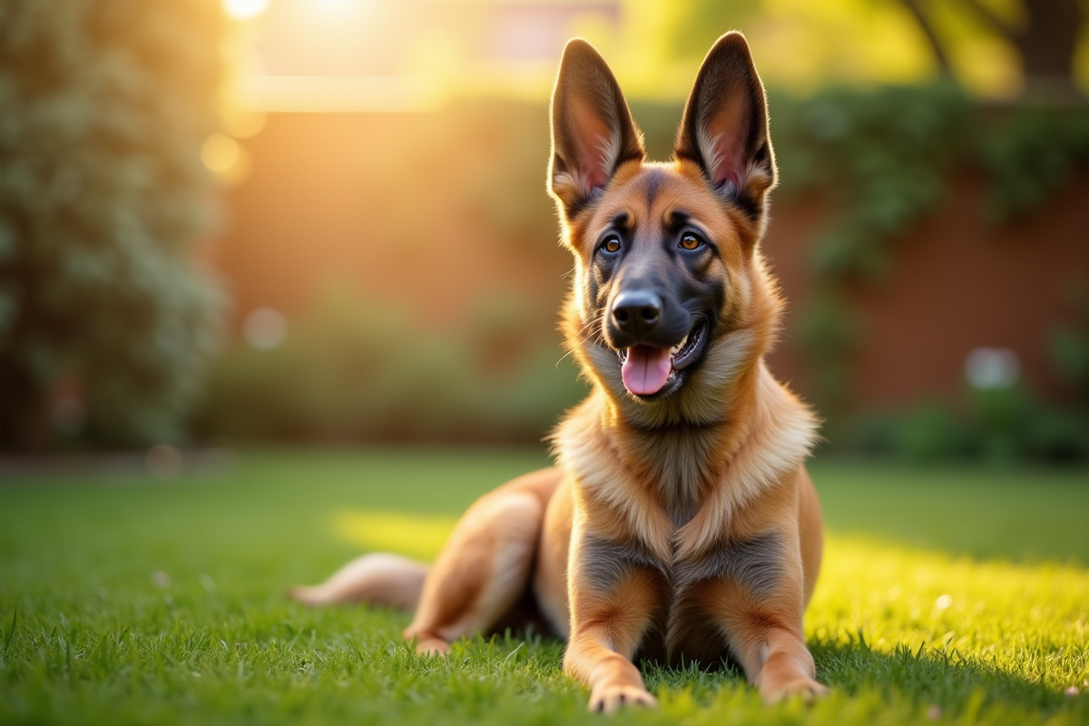 Chien Laekenois assis dans un jardin ensoleille