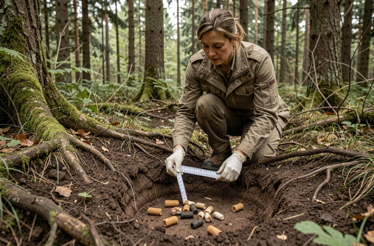 Chercheuse de terrain observant une latrines de blaireau en forêt avec une règle pour mesurer les crottes fraîches et anciennes