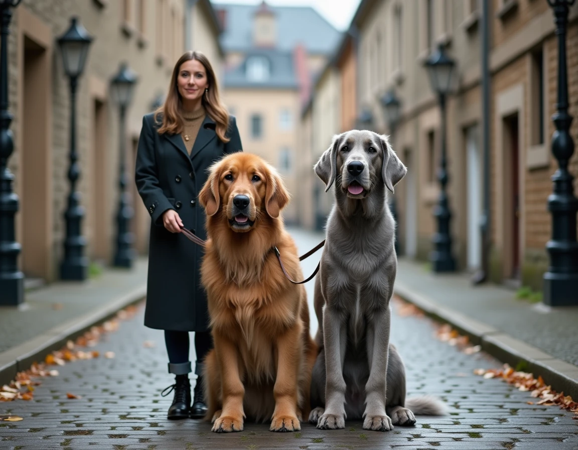Leonberg et Lévrier irlandais côte à côte dans une rue pavée européenne, comparaison de deux des plus grandes races de chiens du monde