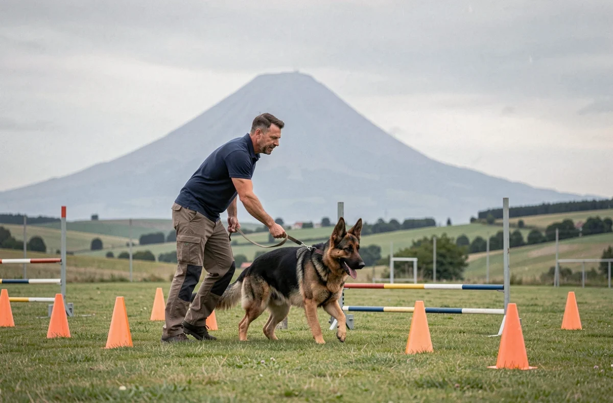 Les Prodiges d'Auvergne dans le Puy-de-Dôme, un éducateur canin en polo marine guide un berger allemand sur un parcours d'agilité avec le volcan en arrière-plan